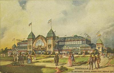 Historische Bildpostkarte der Festhalle des 7. Sängerbundfestes 1907 in Breslau