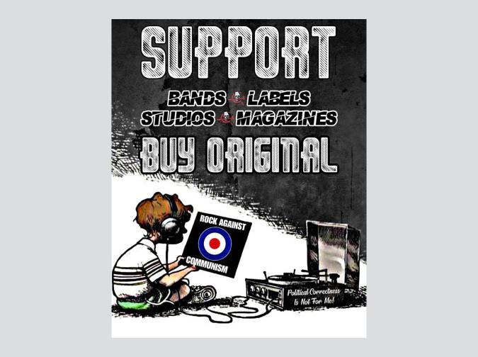 Sharepic „Buy Original“ mit Jungen, der eine Schallplatte mit der Aufschrift „Rock Against Communism“ in Händen hält