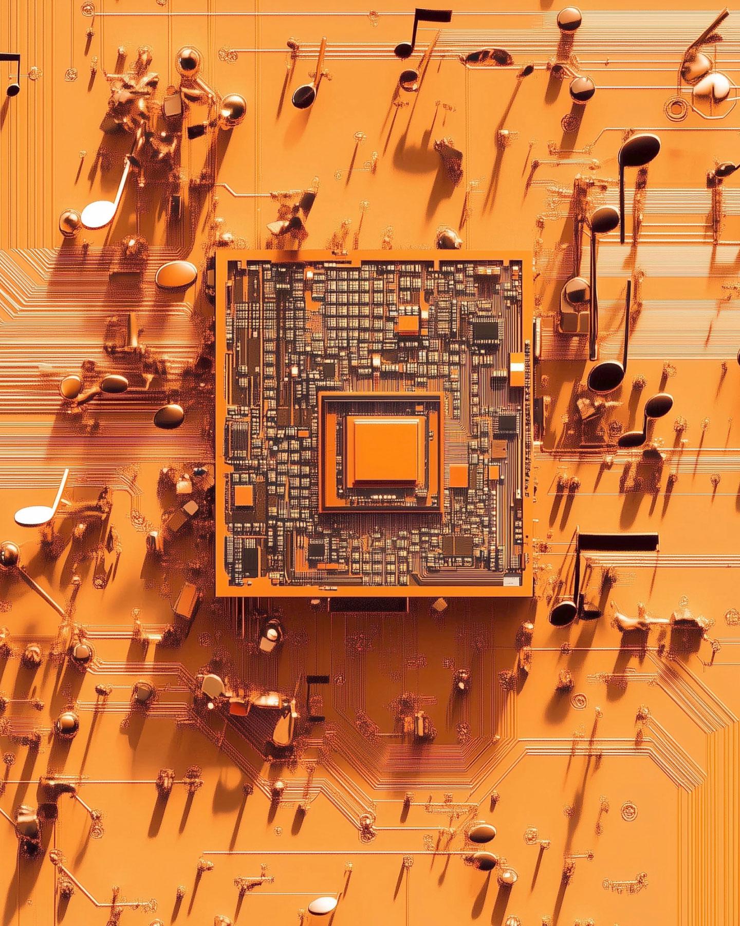 Festplatte und Noten als Symbolbild für Musik und KI