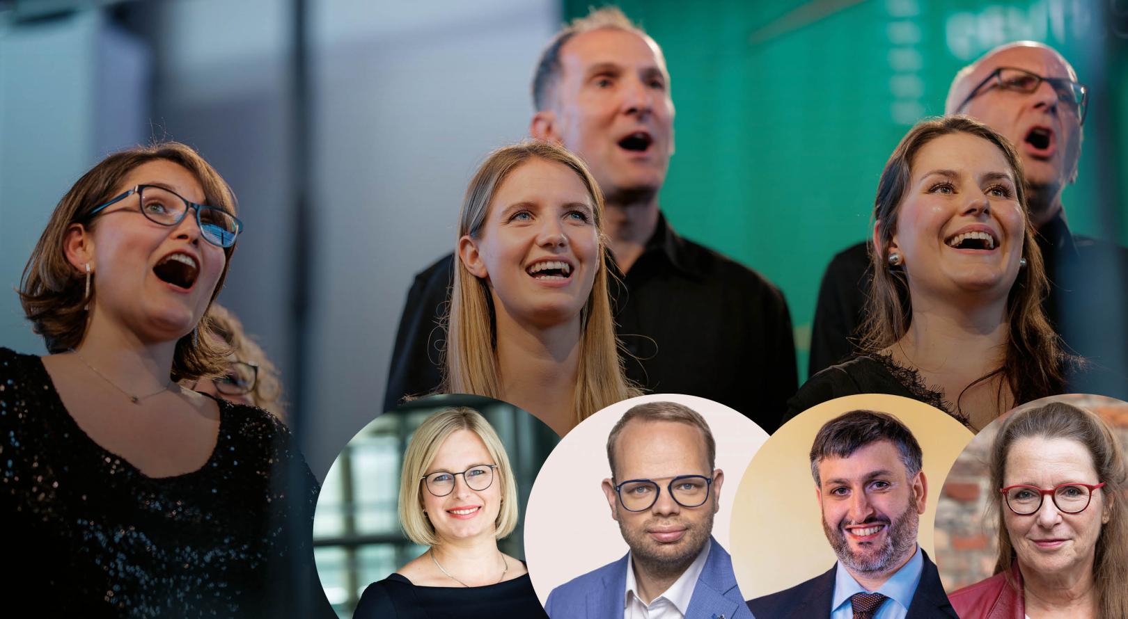 Chorsängerinnen und Chorsänger, im Vordergrund Christiane Schenderlein, Helge Lindh, Lorenz Overbeck, Antje Valentin