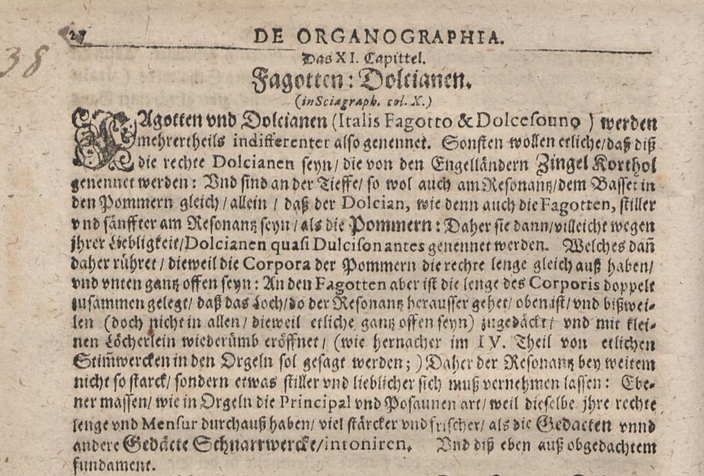 Ausschnitt aus dem zweiten Band von Praetorius Syntagma musicum, wo es in Kap. 11 zu "Fagotten:Dolcianen" heißt, diese würden von den Engländern "Zingel Korthol" genannt