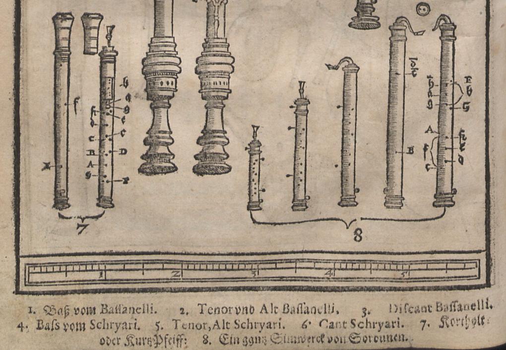 Darstellung eines Kortholt (links) im zweiten Band von Praetorius Syntagma musicum (1620)