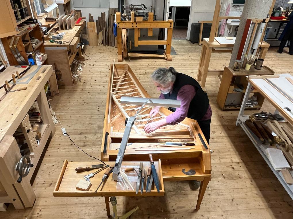 Berippung des Resonanzbodens bei einem Nachbau eines Hammerflügels von Anton Walter (Original von 1782)