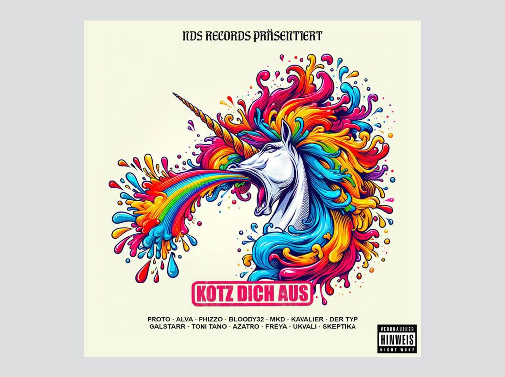 Sharepic zum Song "Kotz dich aus" (2024) des Labels Neuer Deutscher Standard / NDS um Kai „Proto“ Naggert. Bei diesem Song wirken sowohl das komplette musikalische Personal von NDS als auch Vertreter der Verschwörungsrapszene mit.